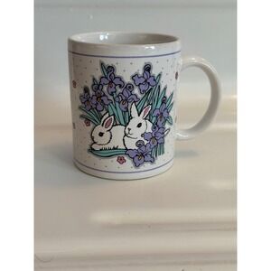Vintage 1996 JII White Bunny Rabbit Purple Iris Flower Coffee Mug Dwarf Hotot